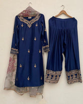 Exclusive Blue Chinon Silk Embroidery Work Farshi Suit With Dupatta