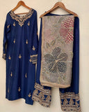 Exclusive Blue Chinon Silk Embroidery Work Farshi Suit With Dupatta