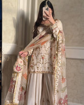 Exclusive Cream Chinon Silk Embroidery Work Sharara Suit With Dupatta