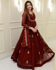 Exclusive Maroon Georgette Embroidery Work Anarkali Gown With Dupatta