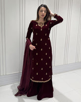 Exclusive Brown Velvet Embroidery Work Sharara Suit With Dupatta