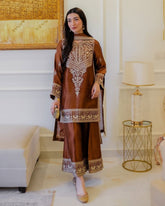 Ready To Wear Copper Brown Chinon Silk Embroidery Work Pant Suit With Dupatta