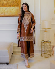Ready To Wear Copper Brown Chinon Silk Embroidery Work Pant Suit With Dupatta