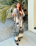 Ready To Wear White & Black Malai Silk Embroidery Work Pakistani Suit With Dupatta