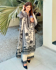 Ready To Wear White & Black Malai Silk Embroidery Work Pakistani Suit With Dupatta