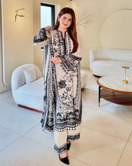 Ready To Wear White & Black Malai Silk Embroidery Work Pakistani Suit With Dupatta
