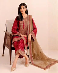 Ready To Wear Red Chinon Silk Embroidery Work Pant Suit With Brown Dupatta