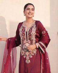 Ready To Wear Wine Satin Silk Sequence Work Pant Suit With Dupatta