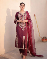 Ready To Wear Wine Satin Silk Sequence Work Pant Suit With Dupatta