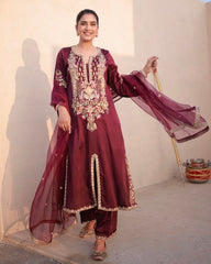 Ready To Wear Wine Satin Silk Sequence Work Pant Suit With Dupatta