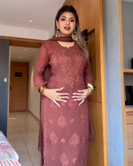 Ready To Wear Brown Soft Georgette Thread Work Pant Suit With Dupatta