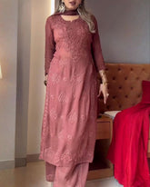 Ready To Wear Brown Soft Georgette Thread Work Pant Suit With Dupatta