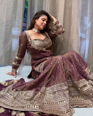 Ready To Wear Wine Chinon Silk Embroidery Work Palazo Suit With Dupatta