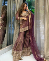 Ready To Wear Wine Chinon Silk Embroidery Work Palazo Suit With Dupatta