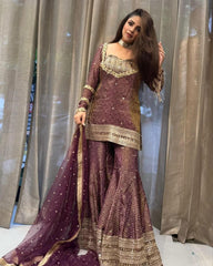 Ready To Wear Wine Chinon Silk Embroidery Work Palazo Suit With Dupatta