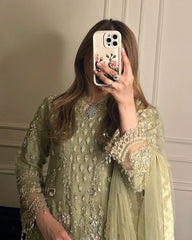 Ready To Wear Pale Olive Soft Georgette Embroidery Work Sharara Suit With Dupatta