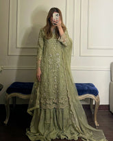 Ready To Wear Pale Olive Soft Georgette Embroidery Work Sharara Suit With Dupatta