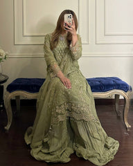 Ready To Wear Pale Olive Soft Georgette Embroidery Work Sharara Suit With Dupatta
