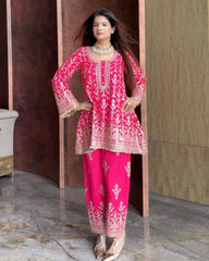 Ready To Wear Orange & Pink Soft Georgette Sequence Work Pant With Suit