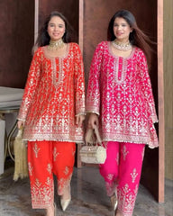 Ready To Wear Orange & Pink Soft Georgette Sequence Work Pant With Suit