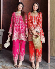 Ready To Wear Orange & Pink Soft Georgette Sequence Work Pant With Suit