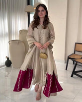 Exclusive Beige Silk Embroidery Work Pakistani Pant Suit With Dupatta