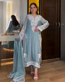 Exclusive Ice Blue Organza Embroidery Work Pakistani Suit With Dupatta