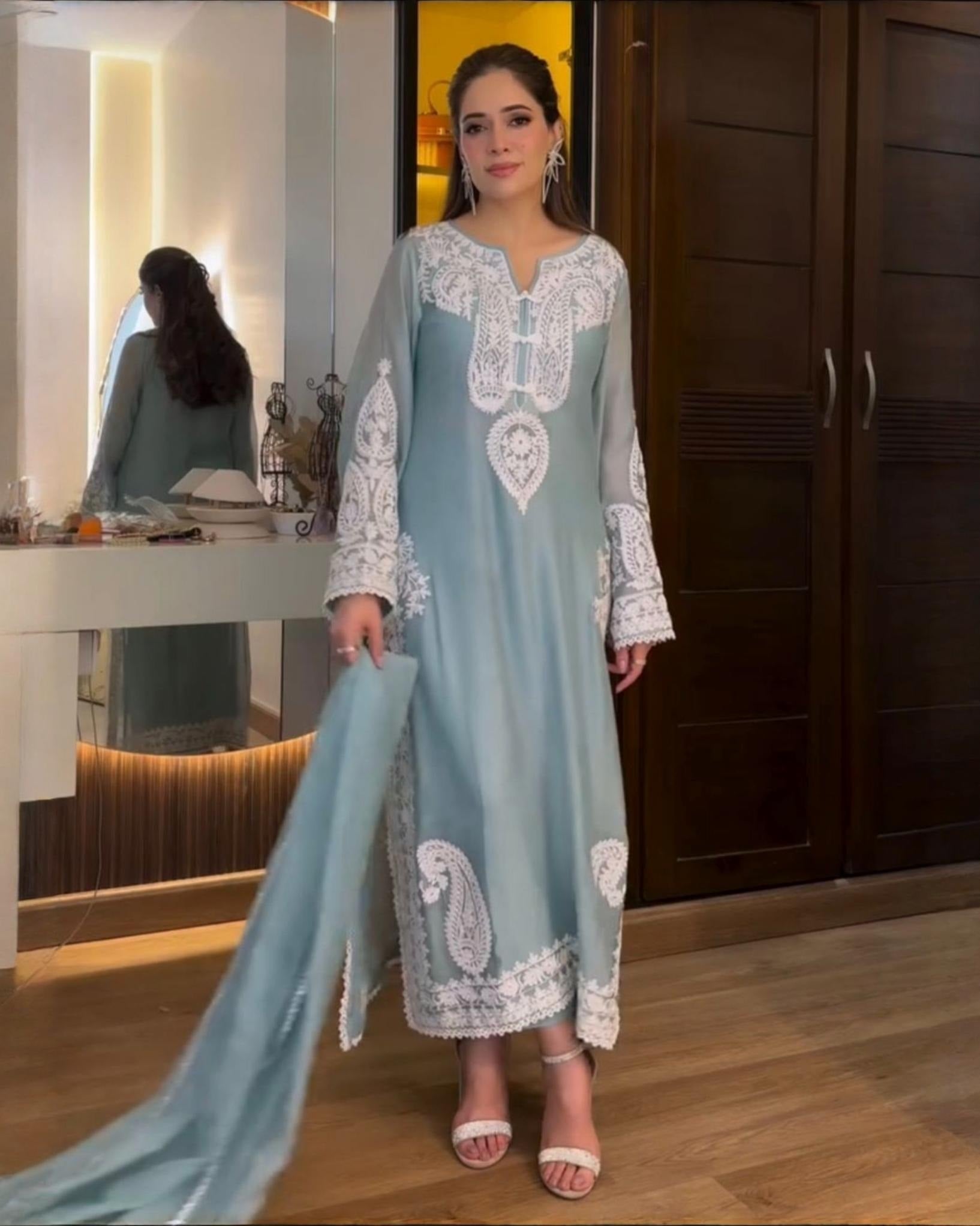 Ice Blue Organza Embroidery Pakistani Suit With Dupatta – Zara Ethnic