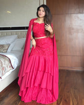 Designer Hot Pink French Crep Emrboidery Work Lehenga Choli With Cap