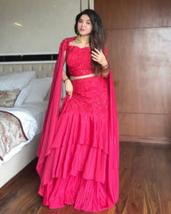 Designer Hot Pink French Crep Emrboidery Work Lehenga Choli With Cap