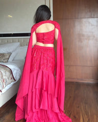 Designer Hot Pink French Crep Emrboidery Work Lehenga Choli With Cap