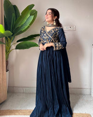 Ready To Wear Neavy Blue Silk Embroidery Work Anarkali Gown With Dupatta
