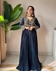 Ready To Wear Neavy Blue Silk Embroidery Work Anarkali Gown With Dupatta