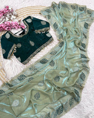 Designer Purple , Yellow , Pink & Green Satin Silk Embroidery Work Saree With Blouse