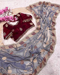 Designer Purple , Yellow , Pink & Green Satin Silk Embroidery Work Saree With Blouse