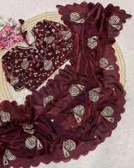 Designer Multi Satin Silk Embroidery Work Saree With Blouse