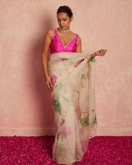 Exclusive White & Pink Organza Embroidered Saree With Blouse