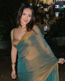 Green Dual Silk Moti Lace Border Saree With Blouse