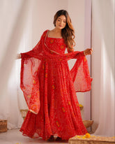 Green , Pink , Red & Blue Chiffon Printed Anarkali Suit With Dupatta