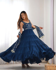 Blue And Rust Soft Georgette Sequence Work Anarkali Suit With Dupatta