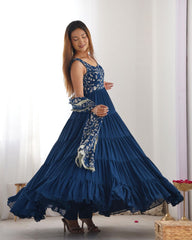 Blue And Rust Soft Georgette Sequence Work Anarkali Suit With Dupatta