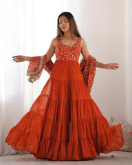 Blue And Rust Soft Georgette Sequence Work Anarkali Suit With Dupatta