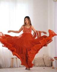 Blue And Rust Soft Georgette Sequence Work Anarkali Suit With Dupatta