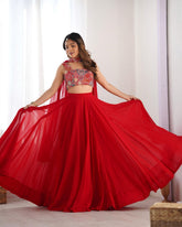 Premium Yellow And Red Faux Georgette Sequence Work Lehenga Choli With Dupatta