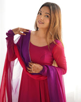 Dark Pink Soft Georgette Lace Work Anarkali Suit With Dupatta