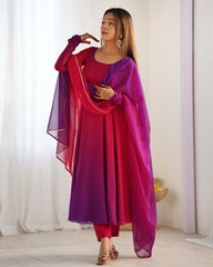 Dark Pink Soft Georgette Lace Work Anarkali Suit With Dupatta