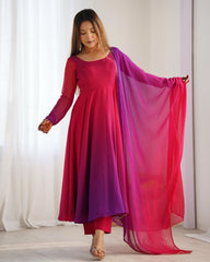 Dark Pink Soft Georgette Lace Work Anarkali Suit With Dupatta