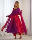Premium Dark Pink Soft Georgette Lace Work Anarkali Suit With Dupatta