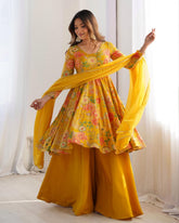 Yellow Soft Roman Silk Floral Printed Sharara Suit With Dupatta