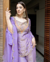 Exclusive Light Purple Simmer Silk Embroidery Work Palazo Suit With Dupatta